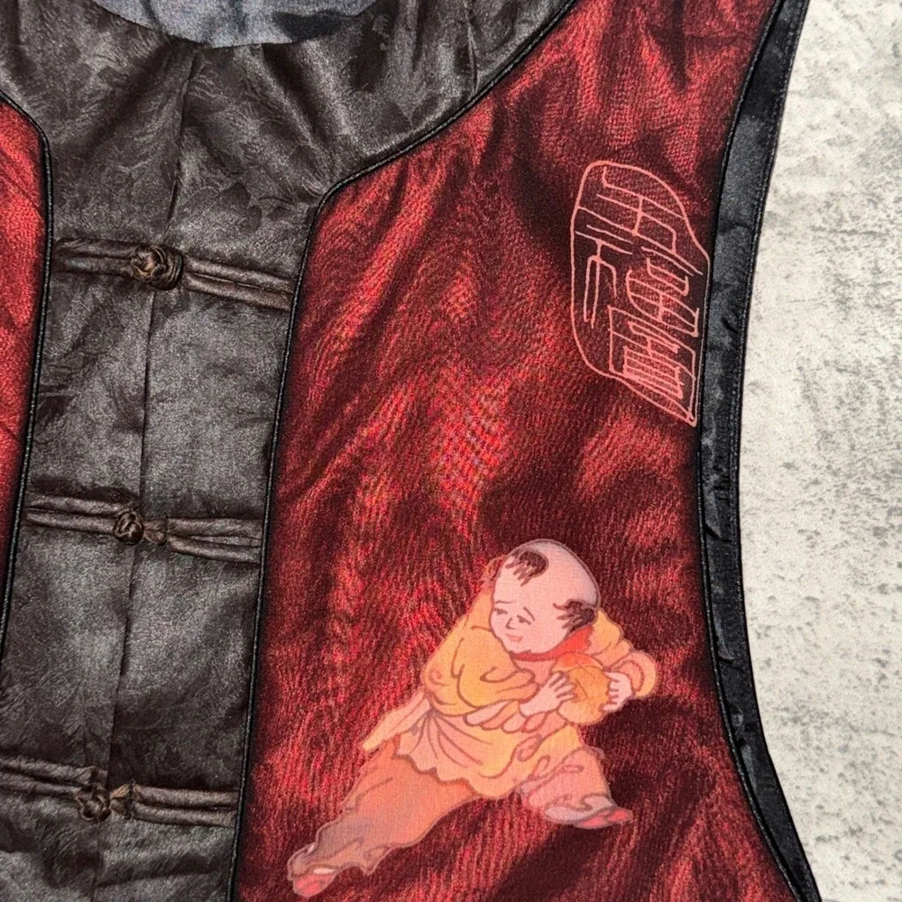Vintage Traditional Chinese Vest‎ XL Red Black Frog Button Graphic Print